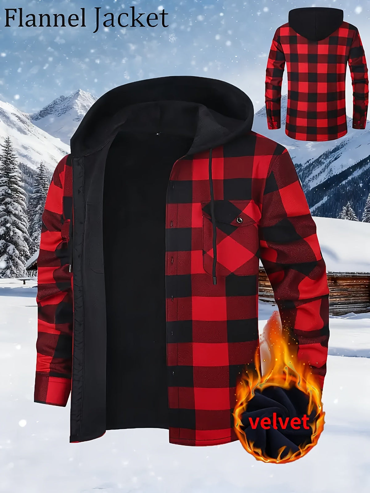 Herren Kariertes Hemdjacke mit Kapuze Gefüttert Warm Grün Schwarz
