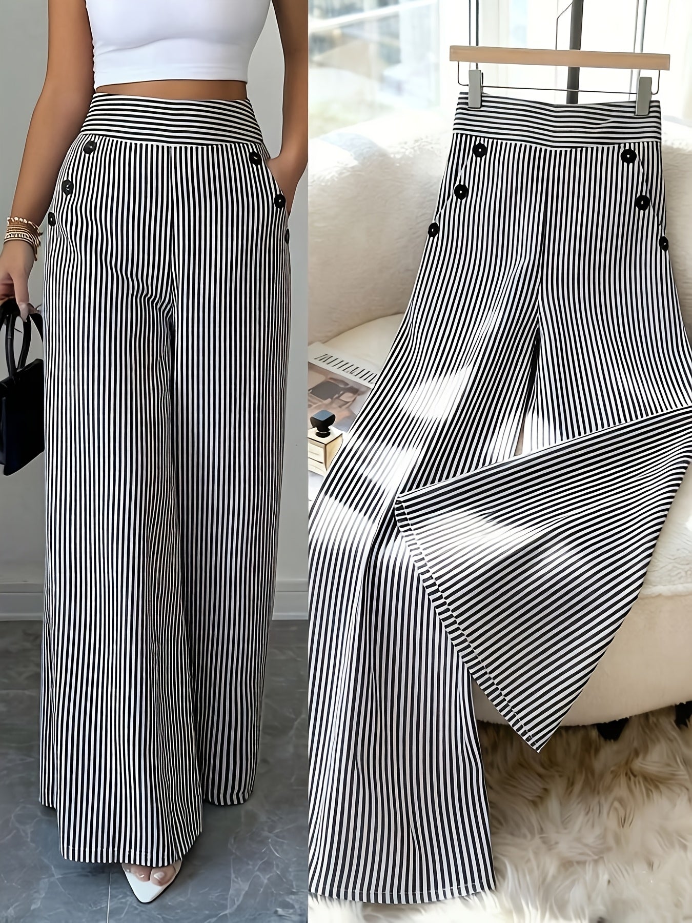 Damen Weitbeinige High-Waist Maritim-Hose mit Streifen und Knopfdetails – Eleganter Büro- und Freizeit-Look