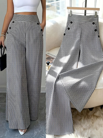 Damen Weitbeinige High-Waist Maritim-Hose mit Streifen und Knopfdetails – Eleganter Büro- und Freizeit-Look