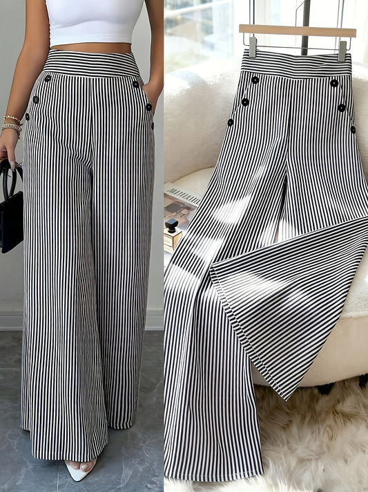 Damen Weitbeinige High-Waist Maritim-Hose mit Streifen und Knopfdetails – Eleganter Büro- und Freizeit-Look