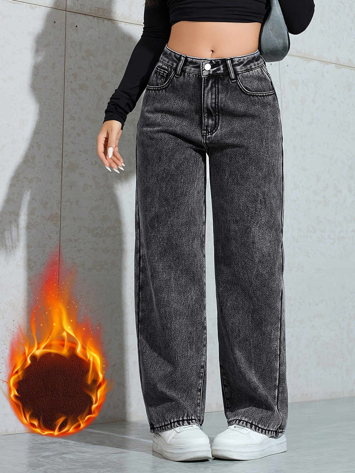 Damen Jeans Hose Loose Fit High Waist Schwarz mit Fleece-Futter