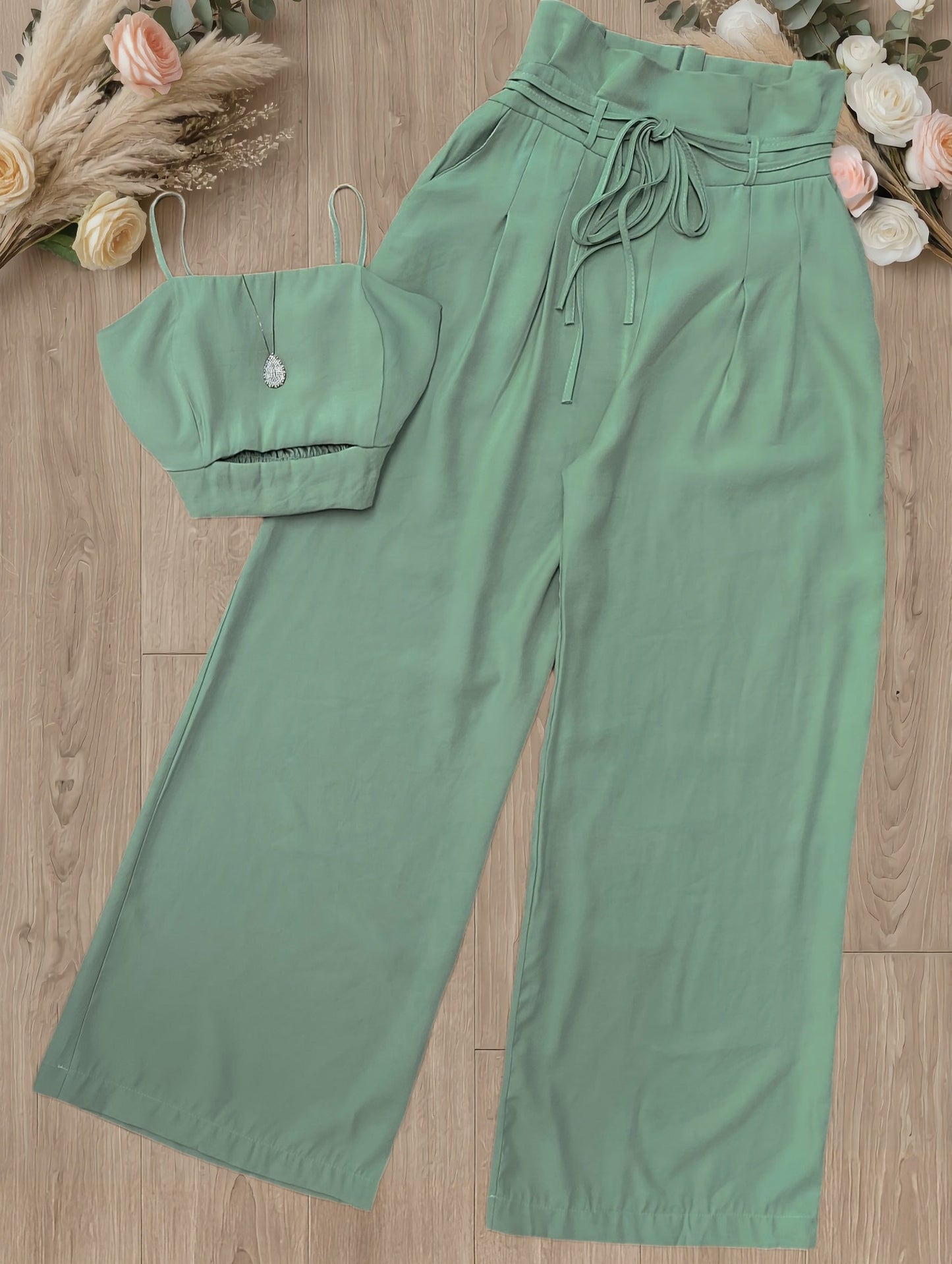 Damen High Waist Palazzo Hose mit Crop Top Set – Elegantes Sommeroutfit für Alltag & Freizeit