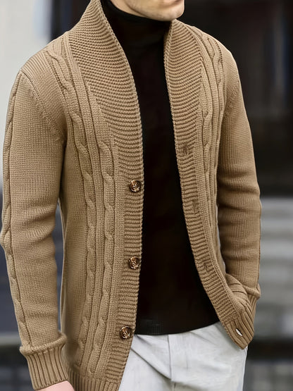 Herren Strickjacke Zopfmuster mit Schalkragen und Knöpfen