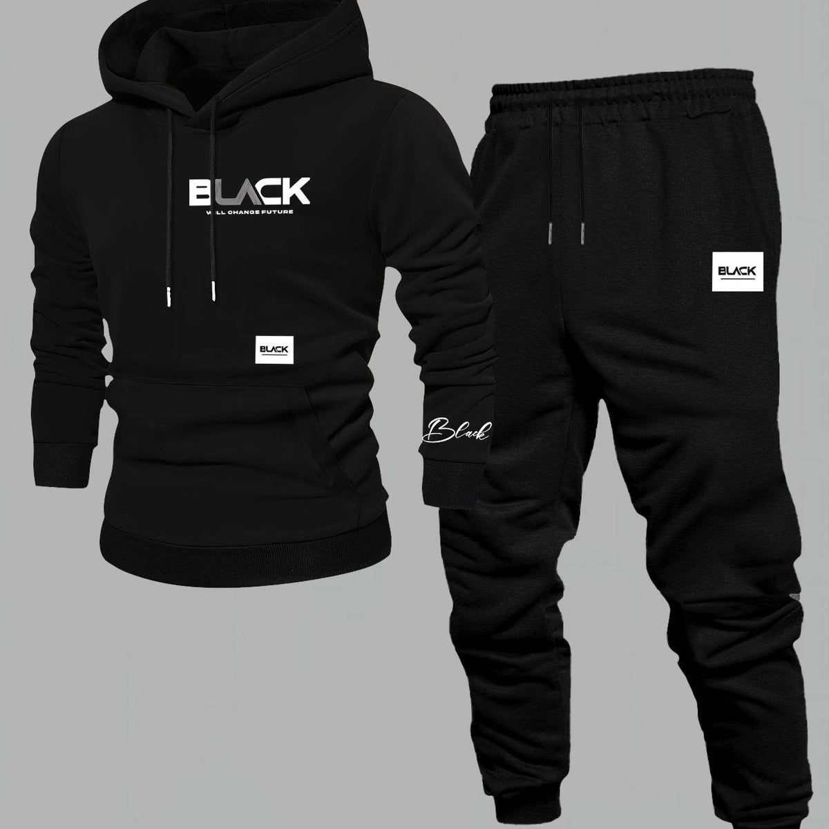 Unisex Trainingsanzug Hoodie & Jogginghose Set Schwarz mit Aufdruck