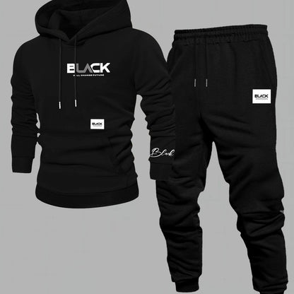 Unisex Trainingsanzug Hoodie & Jogginghose Set Schwarz mit Aufdruck