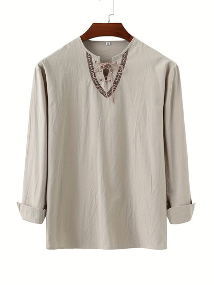 Herren Vintage Tunika mit Schnürung und geometrischem Muster – Boho Style Langarm Shirt