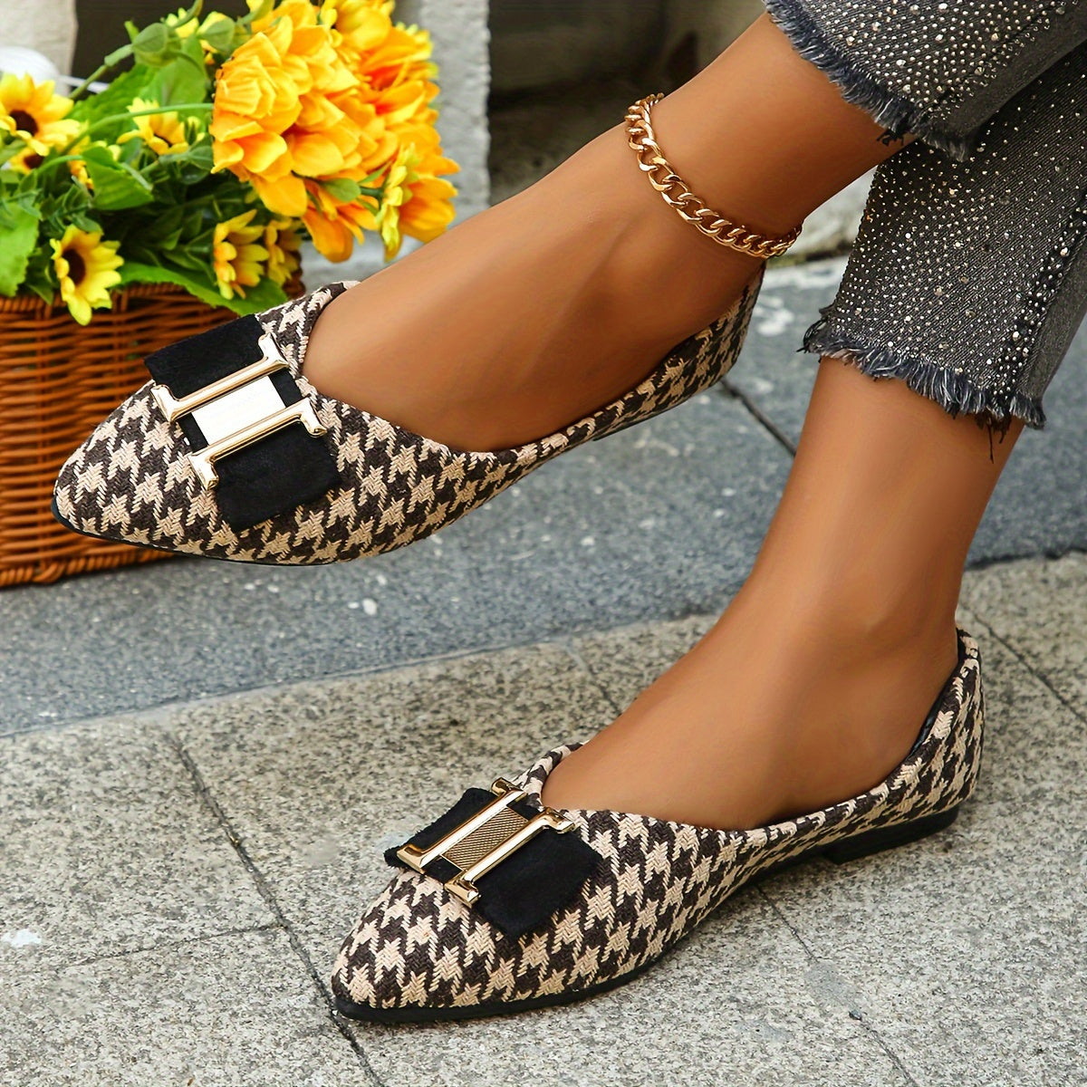 Damen Elegante Houndstooth Ballerinas mit Schleifen-Detail – Modische Flats für Alltag und Büro