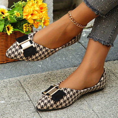 Damen Elegante Houndstooth Ballerinas mit Schleifen-Detail – Modische Flats für Alltag und Büro