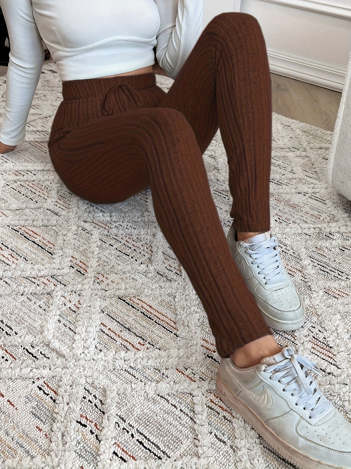 Damen Rippstrick Hose mit Kordelzug und weitem Bein