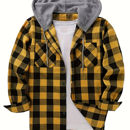 Unisex Kariertes Hemdjacke mit Kapuze Button-Down Langarm Freizeithemd