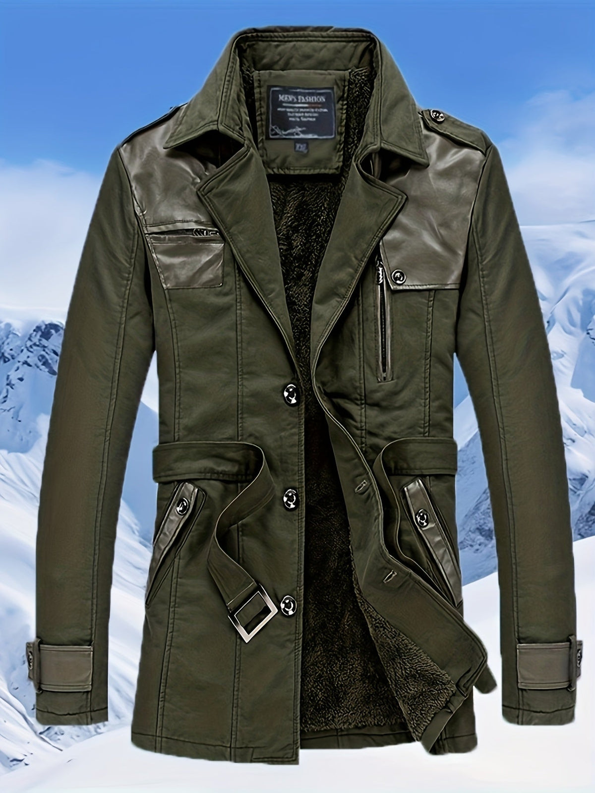 Herren Winterjacke mit Fellimitat-Futter, Knopfleiste und Gürtel in Olivgrün
