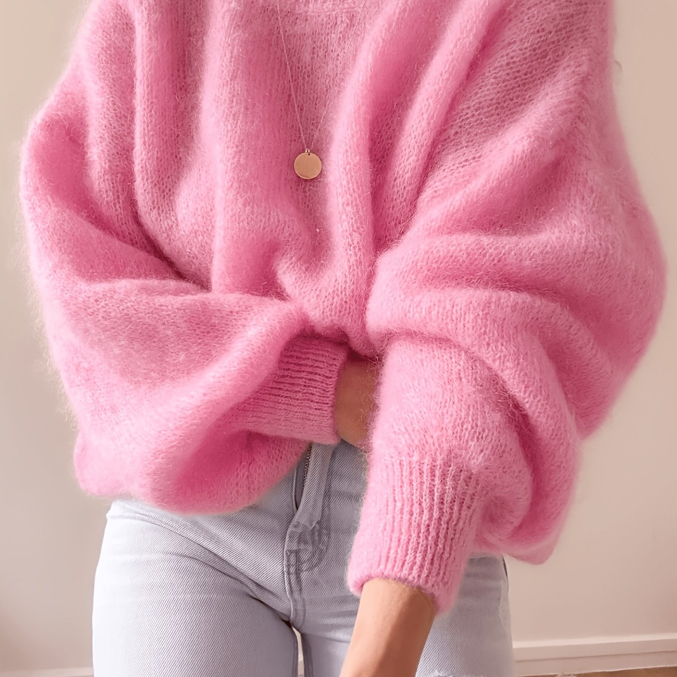 Damen Oversize Pullover Rundhals Weich Strick Langarm