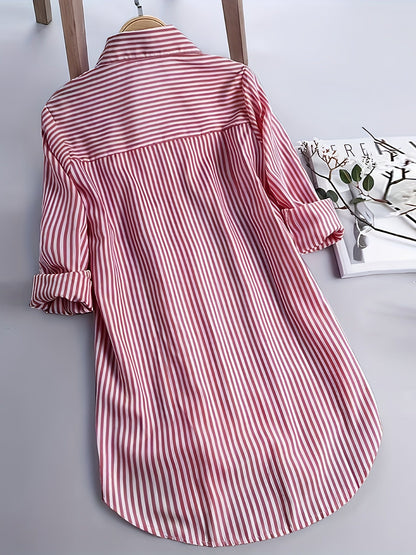 Damen Langarm Hemdbluse mit Streifenmuster und Knopfleiste – Elegante Freizeit- und Bürobluse