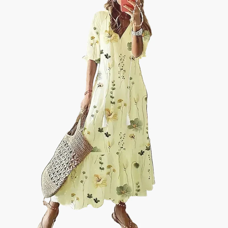 Damen Boho Maxikleid Sommer Freizeitkleid mit Blumenmuster und V-Ausschnitt – Perfekt für Strand & Alltag