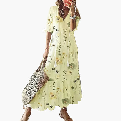 Damen Boho Maxikleid Sommer Freizeitkleid mit Blumenmuster und V-Ausschnitt – Perfekt für Strand & Alltag