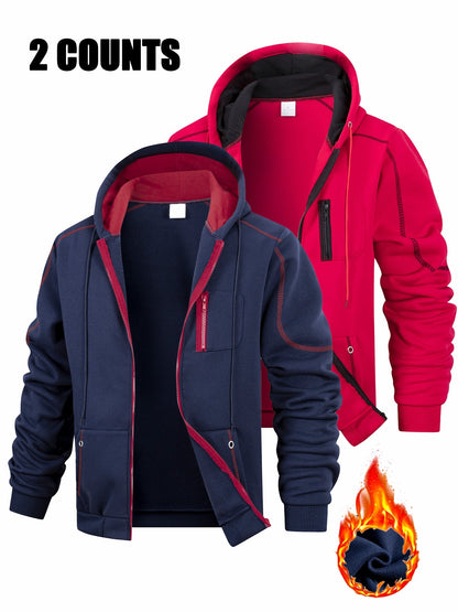 Herren Hoodie mit Reißverschluss 2er-Set, Kontrastnähte & Kapuze, Sport Freizeit