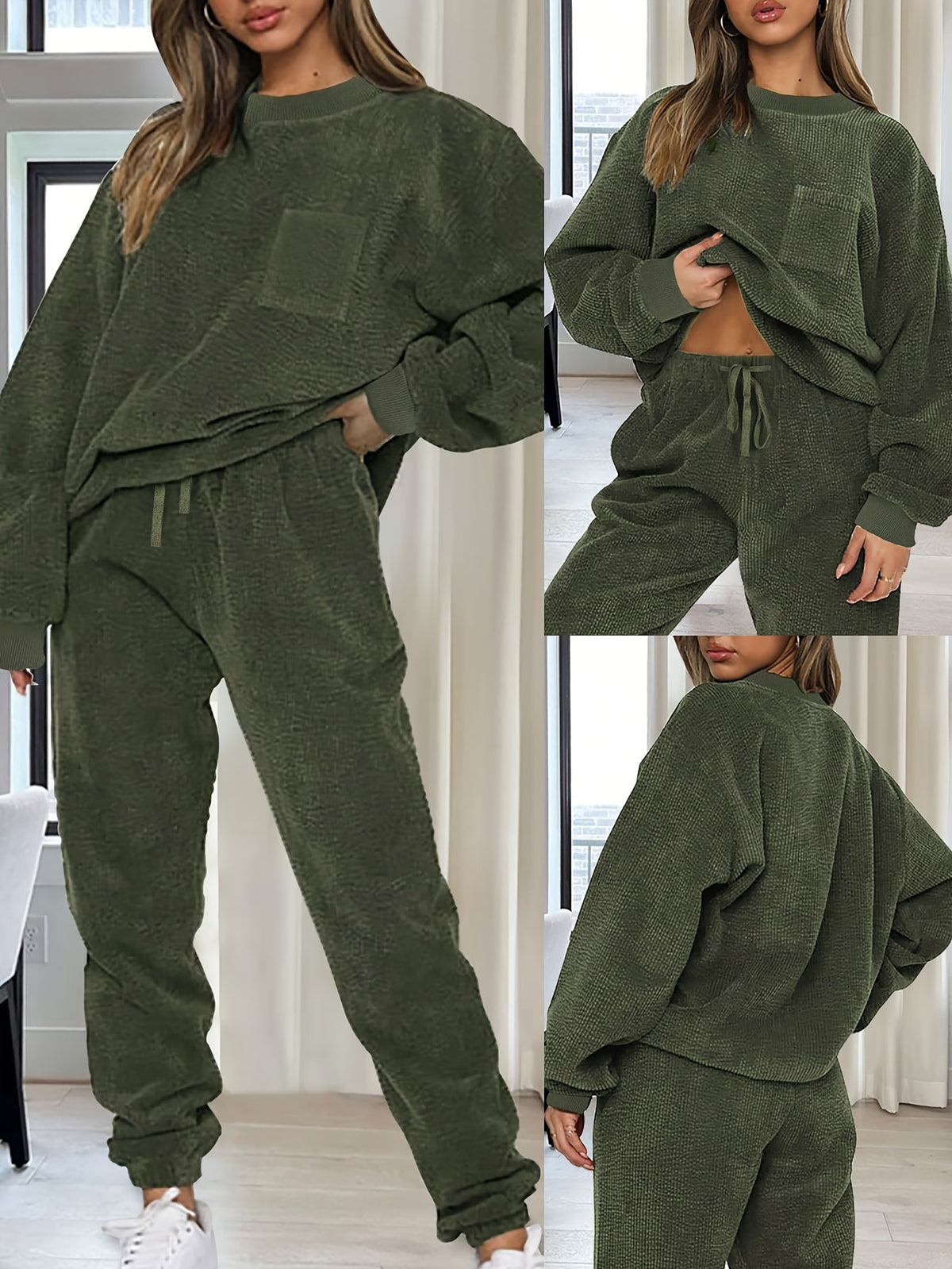 Damen Loungewear Set Grün – Pullover und Hose mit Waffelstruktur