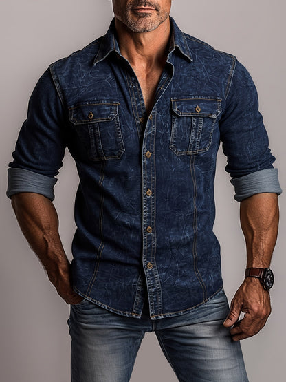 Herren Langarmhemd im Denim-Stil mit Brusttaschen