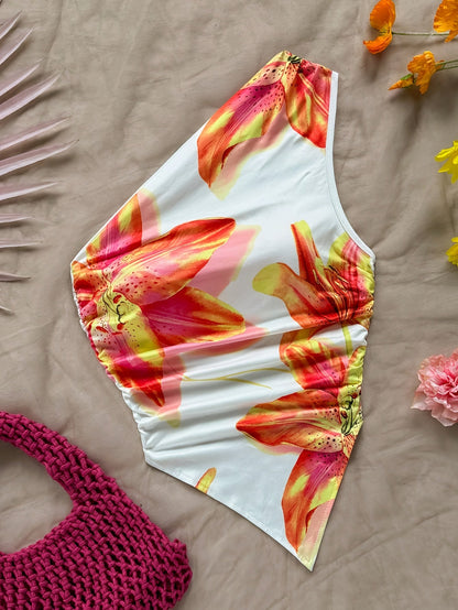 Damen Ein-Schulter-Body mit Blumenmuster – Eleganter Sommer-Body für Freizeit und Urlaub