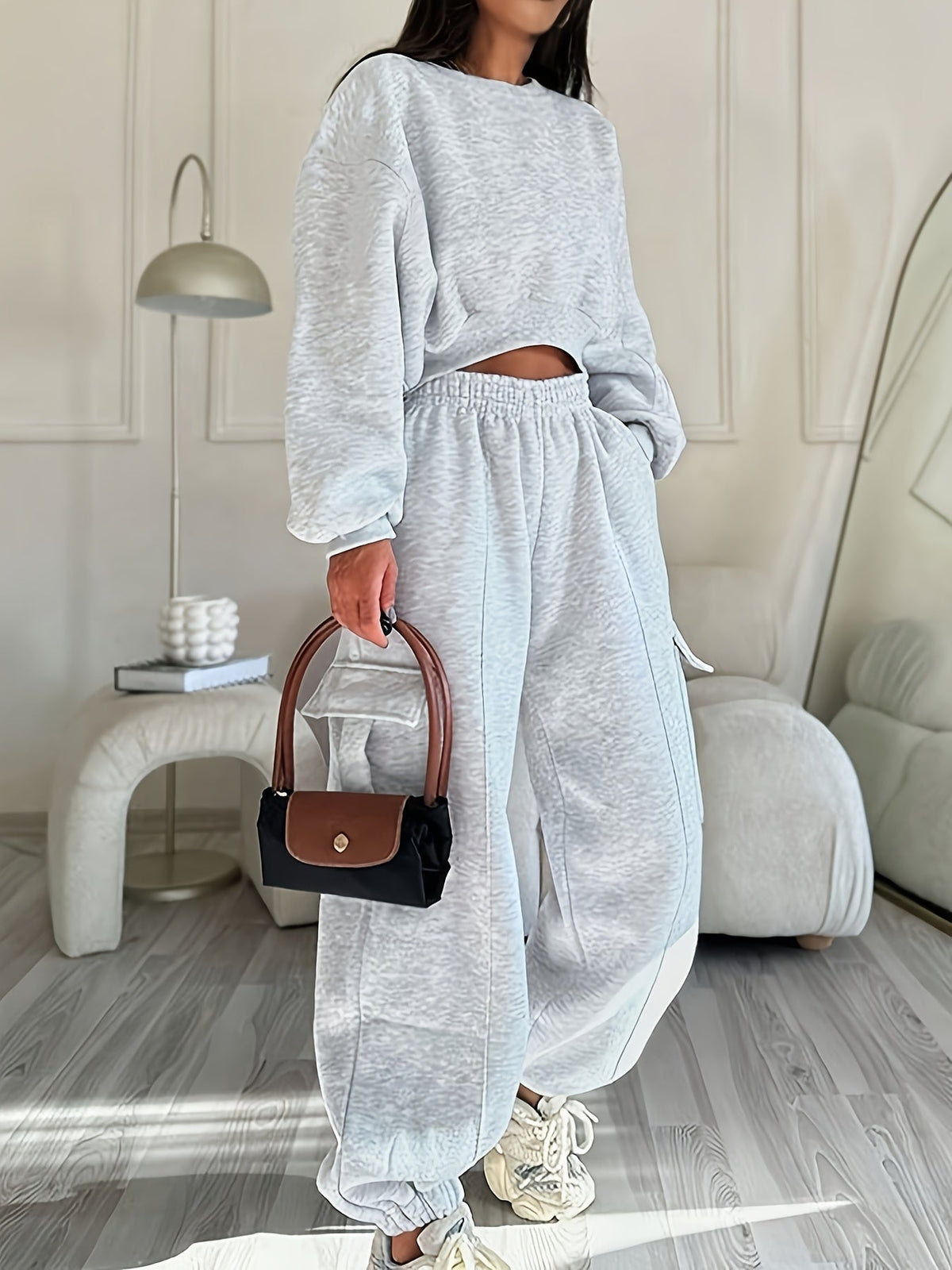 Damen Loungewear Set Grau Melange Cropped Sweatshirt Weite Cargo-Hose