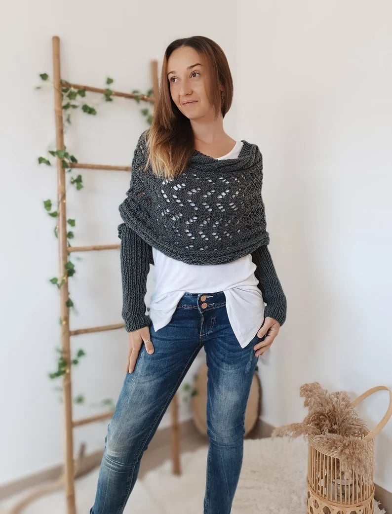 Gestrickter Bolero Damen Wickelpullover mit Ärmeln und Lochmuster