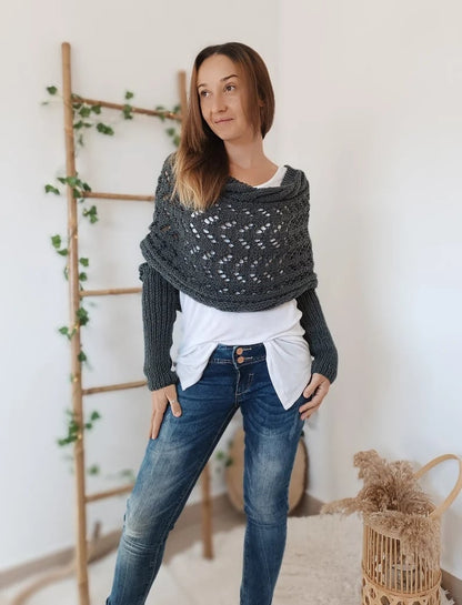 Gestrickter Bolero Damen Wickelpullover mit Ärmeln und Lochmuster