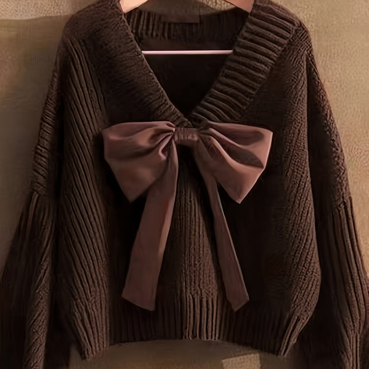 Damen Strickpullover V-Ausschnitt mit großer Schleife, Langarm