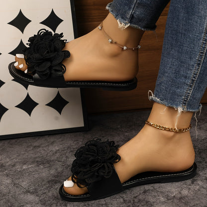 Damen Sandalen mit Blumenapplikation – Modische Slides für Freizeit und Alltag