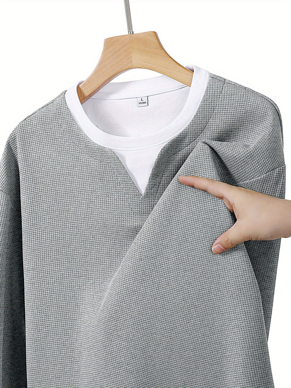 Herren Langarmshirt Waffelstrick Optik V-Ausschnitt Grau/Schwarz