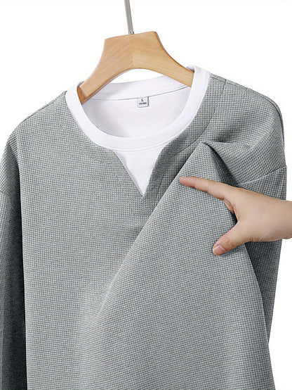 Herren Langarmshirt Waffelstrick Optik V-Ausschnitt Grau/Schwarz
