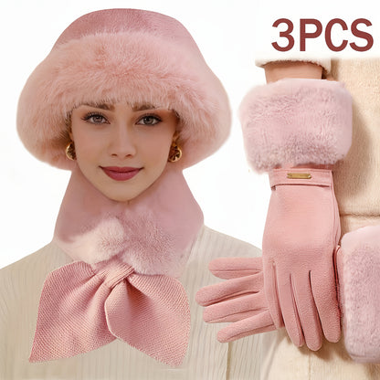 Winter Set Pelzimitat 3-teilig: Hut, Schal & Handschuhe mit Kunstfellbesatz, Warme Winteraccessoires