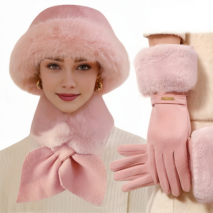 Winter Set Pelzimitat 3-teilig: Hut, Schal & Handschuhe mit Kunstfellbesatz, Warme Winteraccessoires
