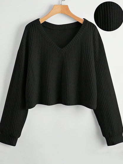 Damen Crop Pullover V-Ausschnitt Langarm Waffelstruktur Schwarz