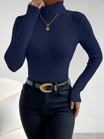 Damen Gerippter Rollkragenpullover Langarm Oberteil