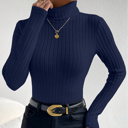 Damen Gerippter Rollkragenpullover Langarm Oberteil