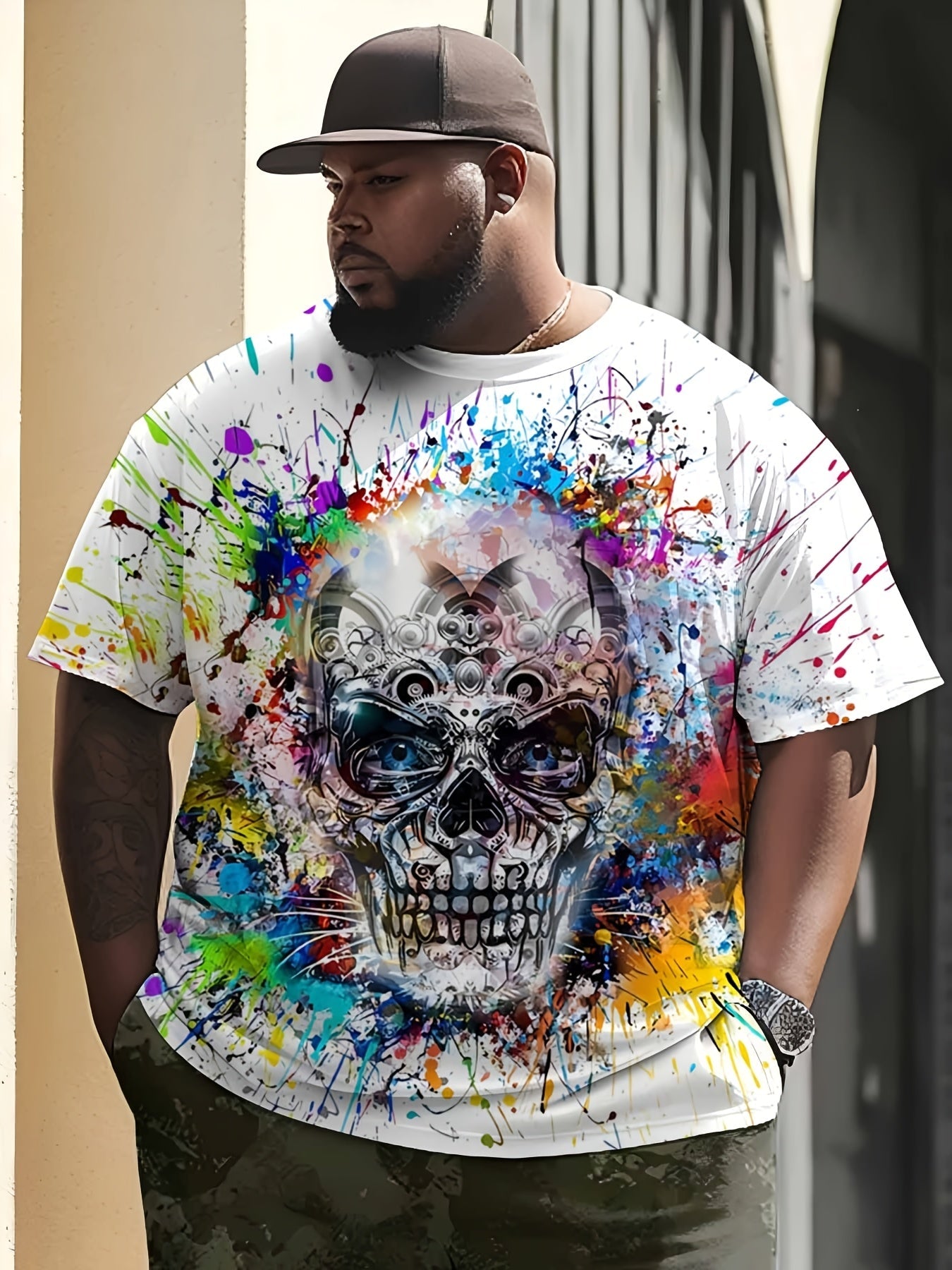 Herren T-Shirt mit Totenkopf und Farbklecks Design – Urban Streetwear, Kurzarm, Plus Size