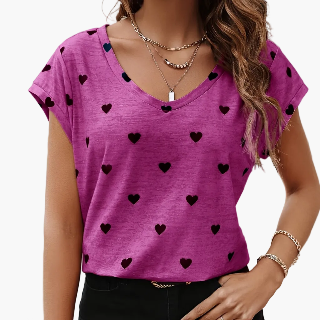 Damen Herzmuster V-Ausschnitt T-Shirt – Modisches Freizeitshirt für Alltag und Sommer