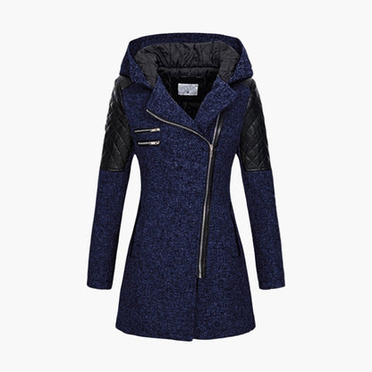 Damen Tweed Mantel mit Kapuze und Kunstleder-Details – Moderner Wintermantel für elegante Outfits