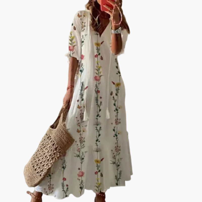 Damen Boho Maxikleid Sommer Freizeitkleid mit Blumenmuster und V-Ausschnitt – Perfekt für Strand & Alltag