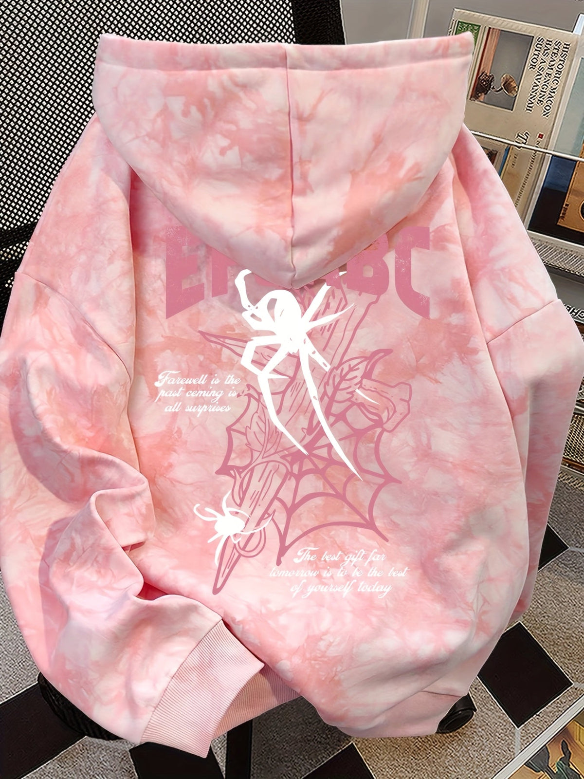 Tie-Dye Hoodie Damen Pink mit Spinnenmotiv Pullover Kapuzenpullover