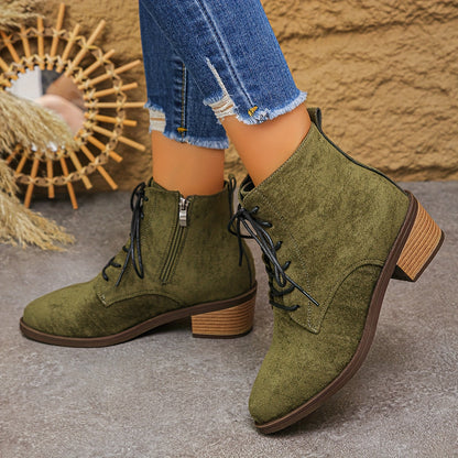 Damen Schnürstiefelette mit seitlichem Reißverschluss und Blockabsatz