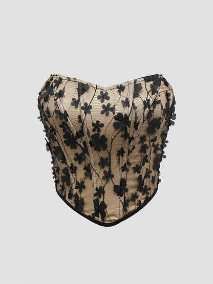 Damen Korsett Top mit 3D Blumenstickerei und Herzausschnitt – Elegantes Party- und Abendoutfit
