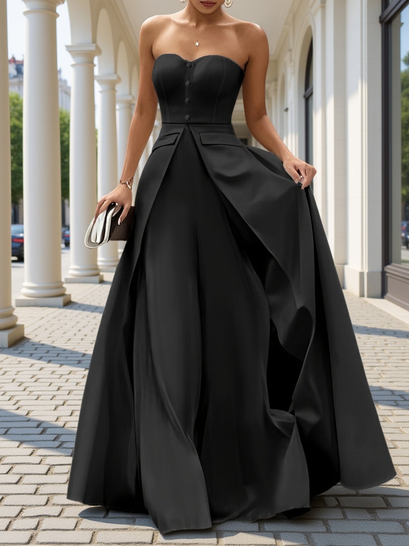 Damen Elegantes Abendkleid mit Bandeau-Design und Knopfleiste – Perfekt für festliche Anlässe
