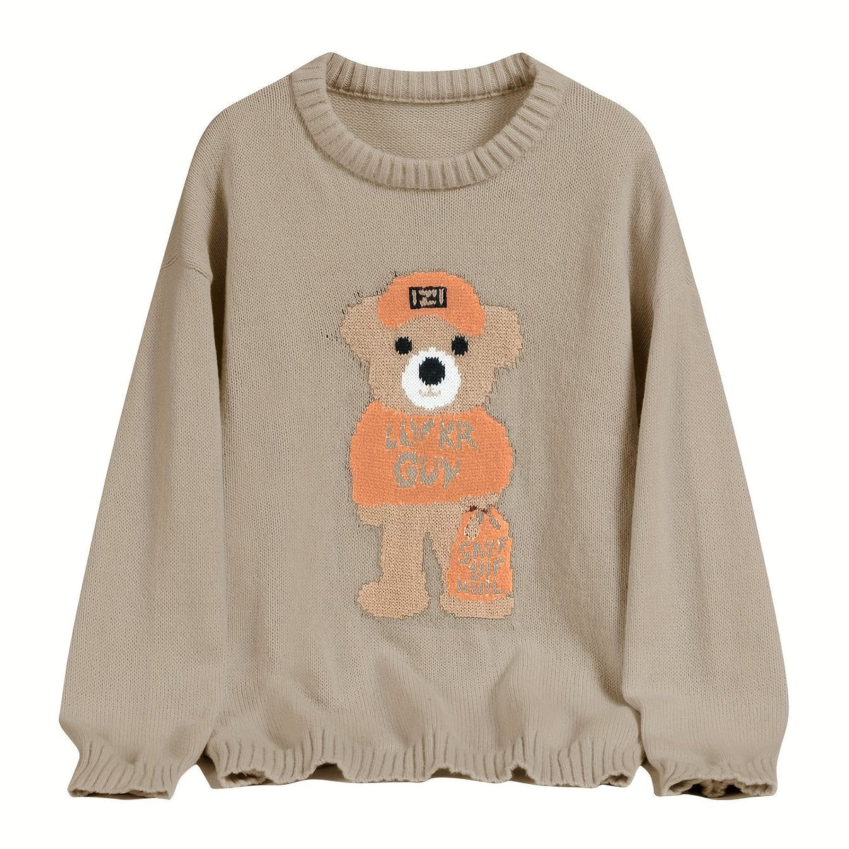 Unisex Strickpullover mit Teddybär-Muster Rundhalsausschnitt Langarm