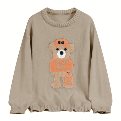 Unisex Strickpullover mit Teddybär-Muster Rundhalsausschnitt Langarm