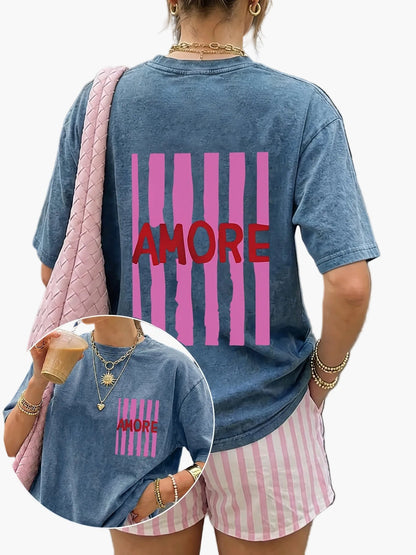 Damen Oversize Casual T-Shirt mit Print und Streifenshorts – Sommer Streetstyle Freizeitoutfit