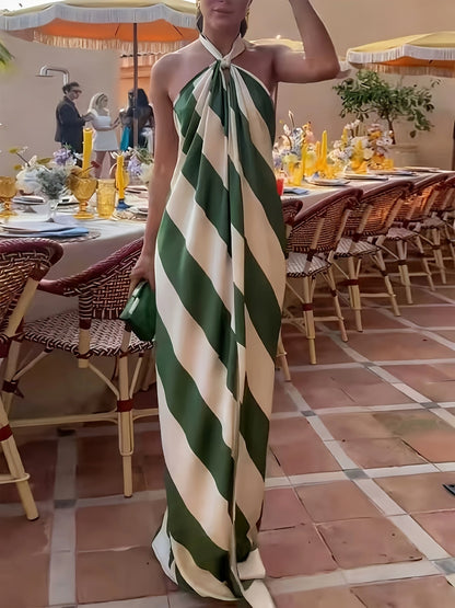 Damen Maxikleid mit Neckholder und Streifenmuster – Elegantes Sommerkleid für Feste und Gartenpartys