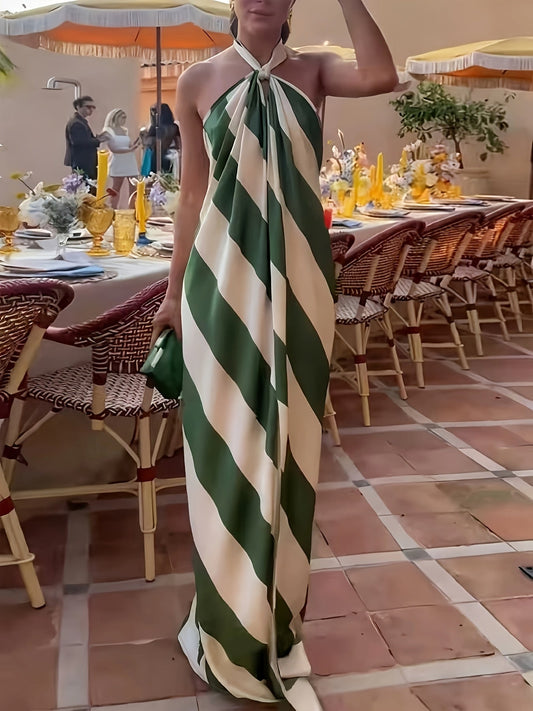 Damen Maxikleid mit Neckholder und Streifenmuster – Elegantes Sommerkleid für Feste und Gartenpartys