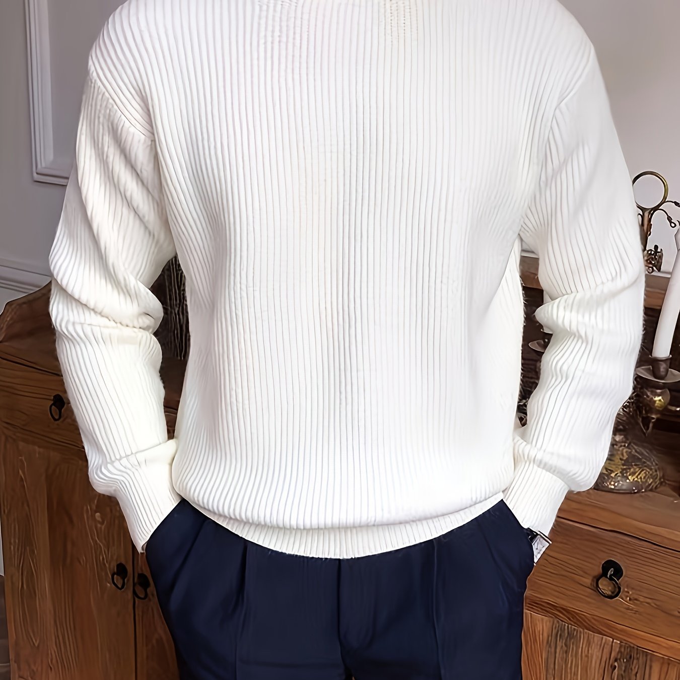 Gerippter Pullover Langarm Rundhalsausschnitt Freizeit Sweater für Herren – Weich & Bequem