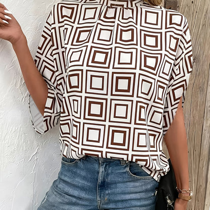 Damen Bluse mit Stehkragen und geometrischem Muster – Modischer Alltags- und Büro-Look